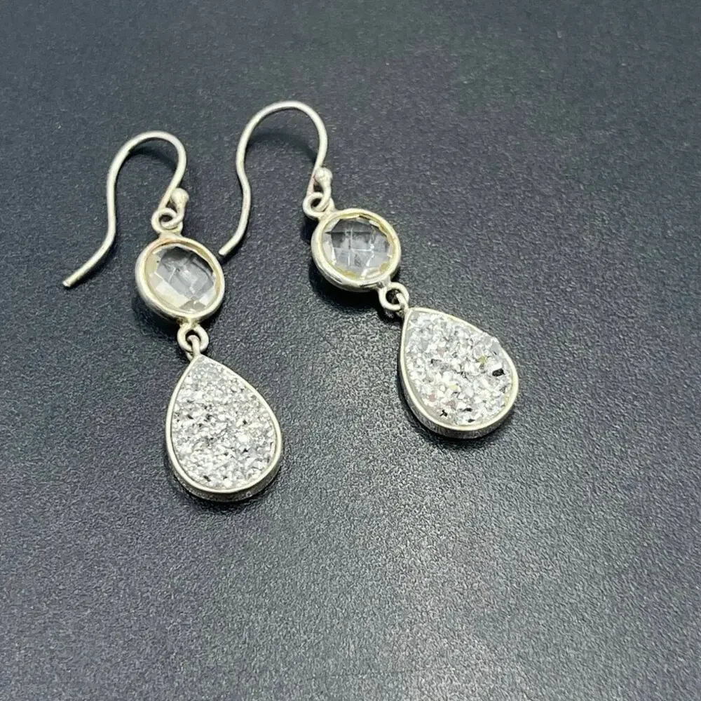 Vintage Sterling Silver 925 Titanium Druzy Clear‎ Rock Quartz Dangle Earrings